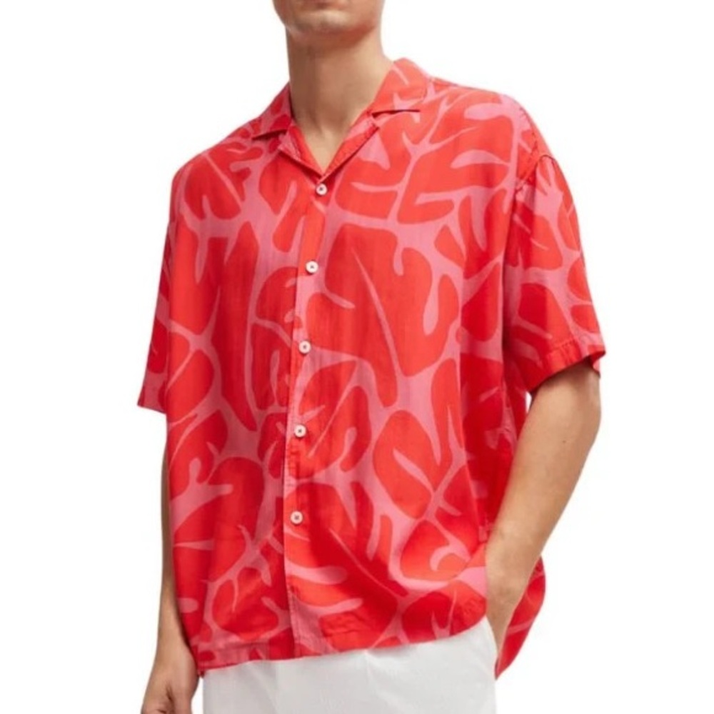BOSS Men’s Red Drew Short Sleeve Relaxed Fit Button Front Camp Shirt Sz XL NWT